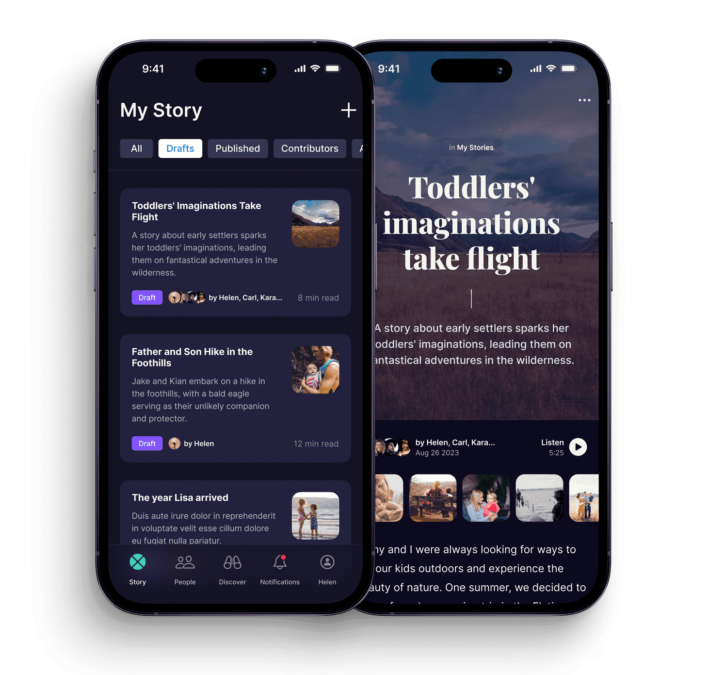 Iloomi app — My Story list and story detail screens