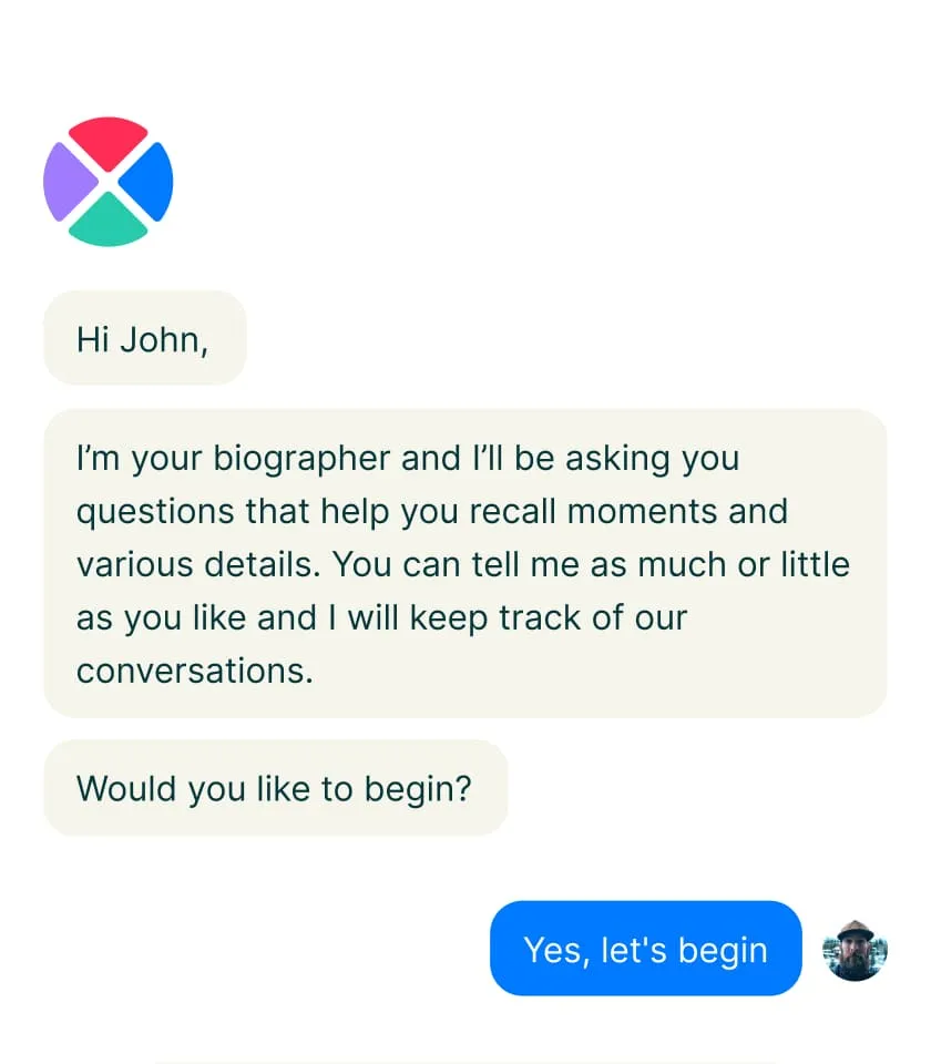 Iloomi app — AI biographer chat