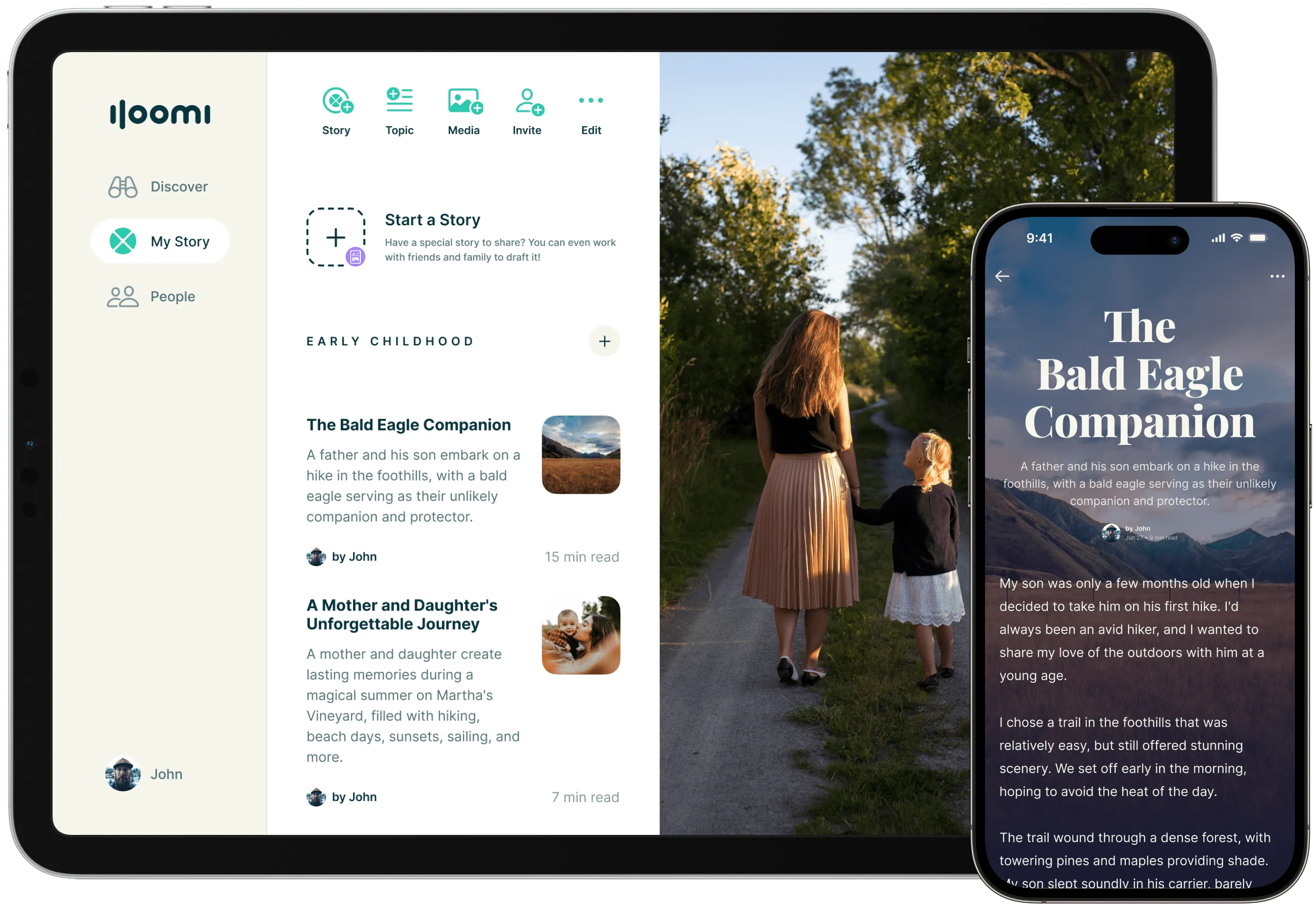 Iloomi app shown on iPad and iPhone — collaborative biography interface